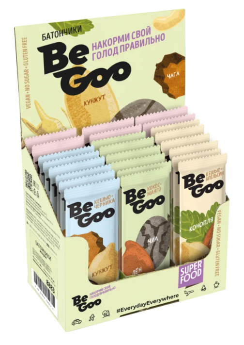 ASSORTED nut-berry and nut-fruit bars / BeGoo / show-box / 960 gr / 24 pcs / superfood